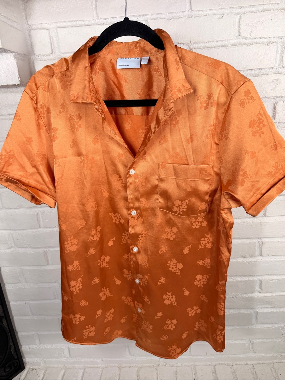 ASOS Design Floral Jacquard Satin Camp Collar‎ Shirt Orange Large
